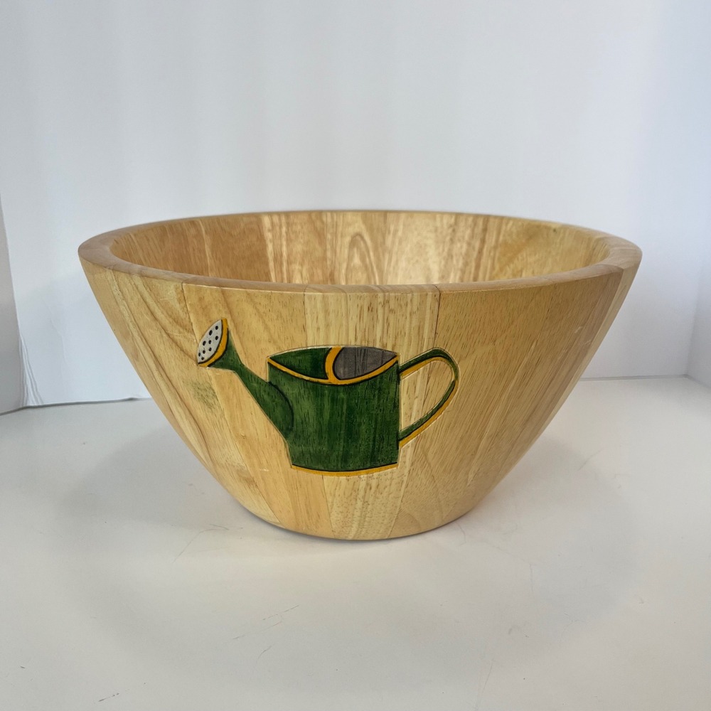 Clay Art Wooden Salad Bowl Hand‎ Painted Garden Watering Can Tools 12 Inch 2001